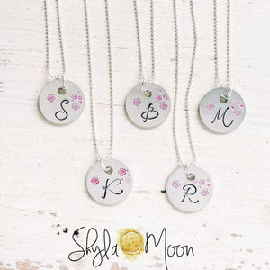 Cherry Blossom Initial, Hand Stamped Necklace on Sterling Silver Chain
