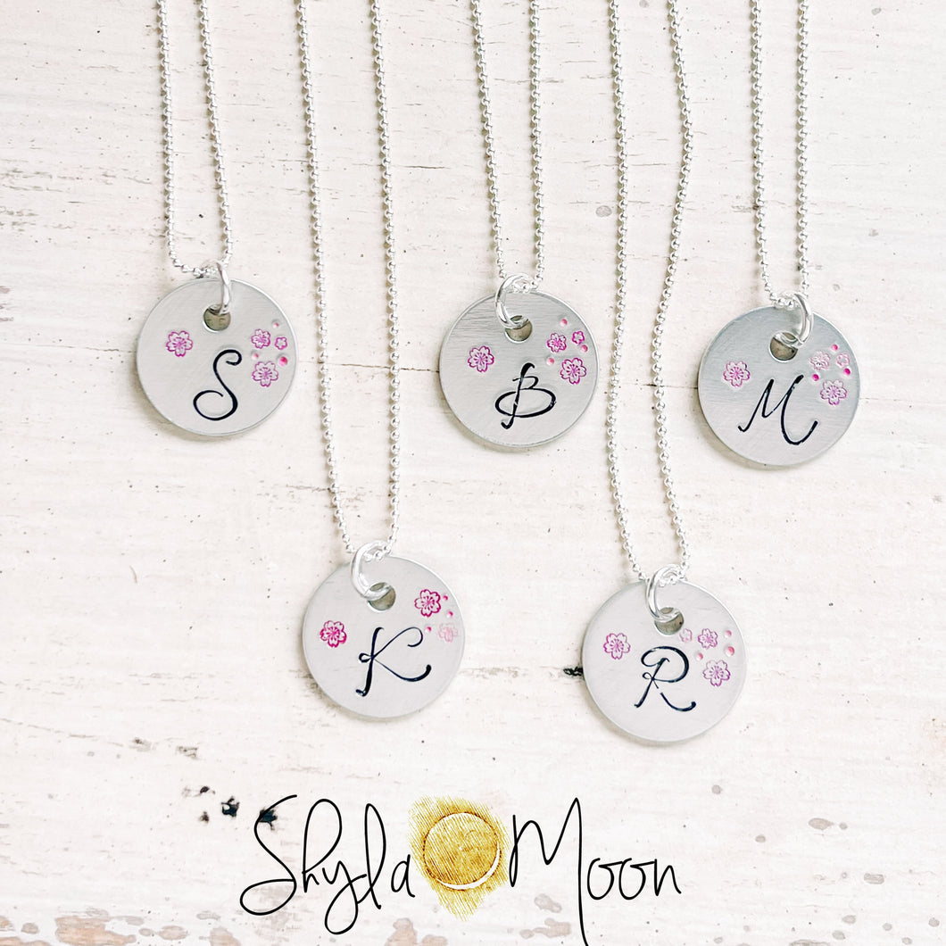 Cherry Blossom Initial, Hand Stamped Necklace on Sterling Silver Chain