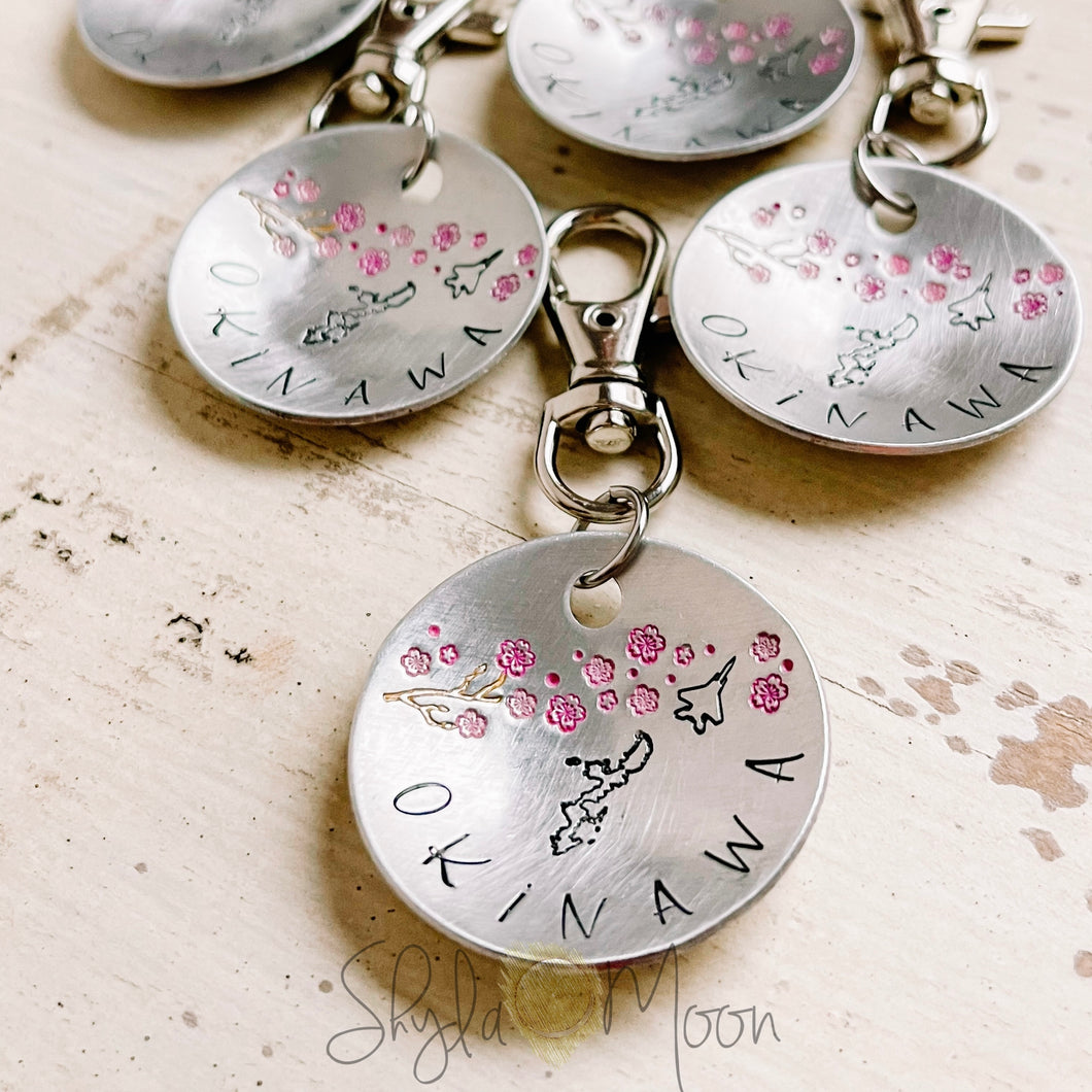 Okinawa with Sakura Cherry Blossoms Keychain Hand Stamped