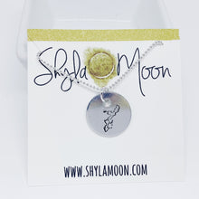 Load image into Gallery viewer, Hand stamped image of the island of Okinawa on a round shaped aluminum disc on sterling silver ball chain
