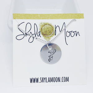 Hand stamped image of the island of Okinawa on a round shaped aluminum disc on sterling silver ball chain